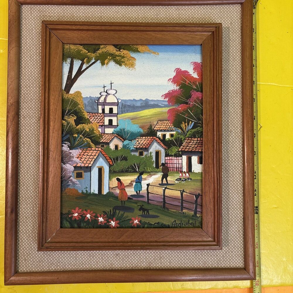 Vntage Framed Nicaraguan Folk Art Painting Village Signed Asdrubal ʼ96